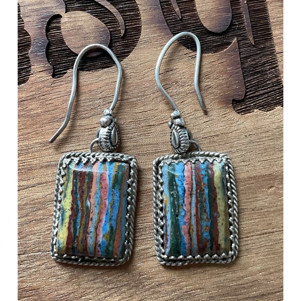 Don Lucas Navajo DF Sterling Rainbow Calsilica Earrings Southwest Artisan Silver